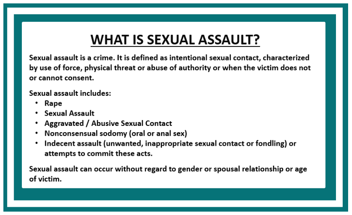 What is sexual assault?  Includes rape, assault, abusive sexual contact, nonconsensual sodomy and indecent assault